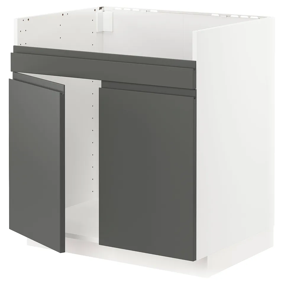 A modern kitchen cabinet from IKEAs METOD system in dark grey with a sleek, handleless design.