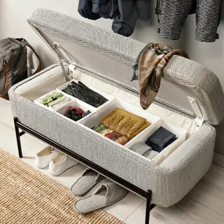SKUBB/VALTORP set: bench + box, set of 6, with storage/Viarp beige/brown + white, 103 cm