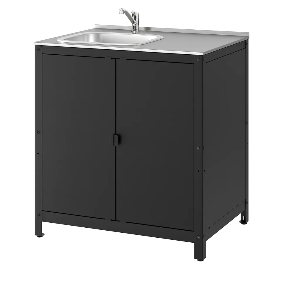 GRILLSKÄR: outdoor grey sink unit with storage. Stainless steel top, black cabinet. Includes tap & shelves.