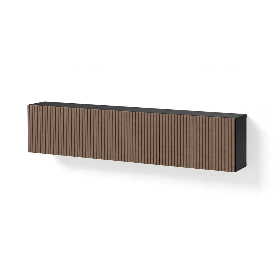 BESTÅ Wall-mounted cabinet combination, black-brown Björköviken/brown stained oak veneer, 180x22x38 cm