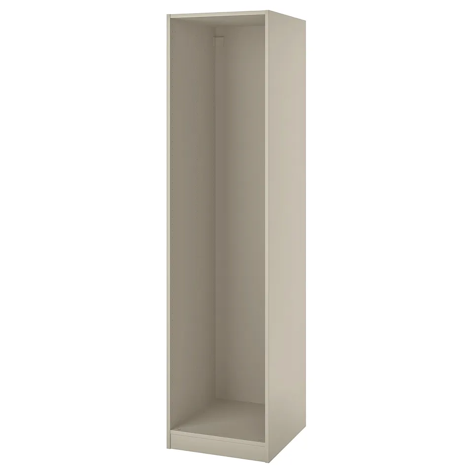 An ikea PAX wardrobe frame in beige, rectangular with adjustable feet and a smooth paper foil finish.