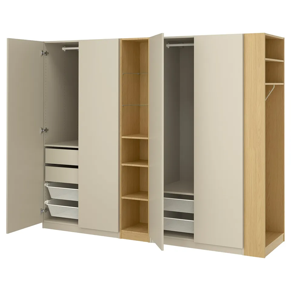 PAX / FORSAND Wardrobe combination, grey-beige grey-beige/oak effect, 255x60x201 cm
