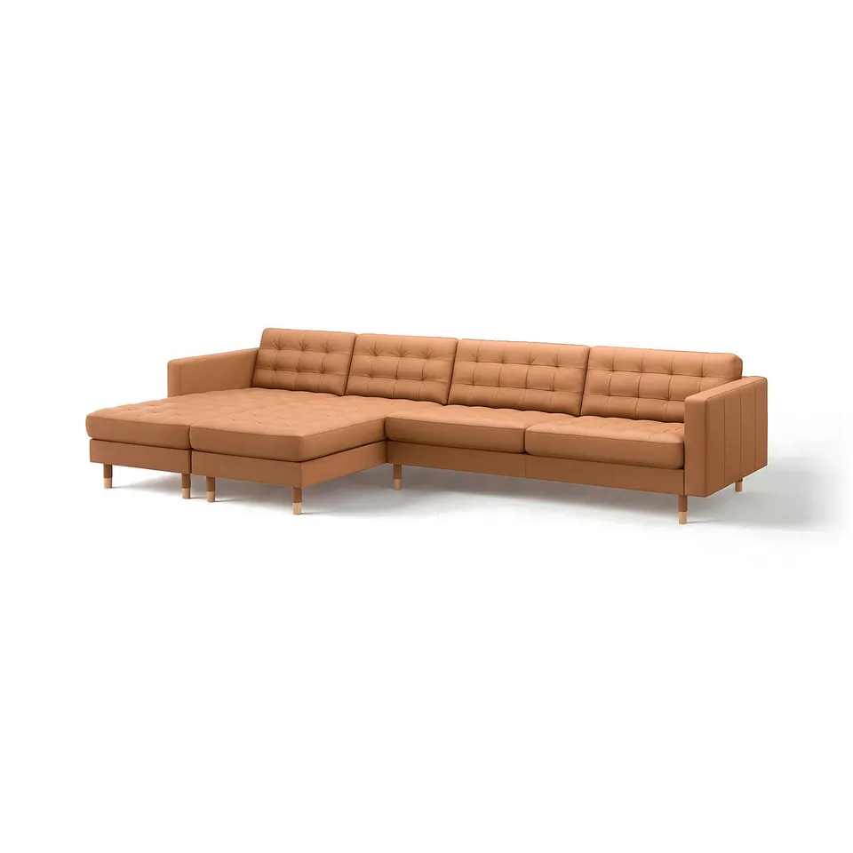 Brown leather l-shaped sectional sofa, tufted seat & back cushions, wooden legs.