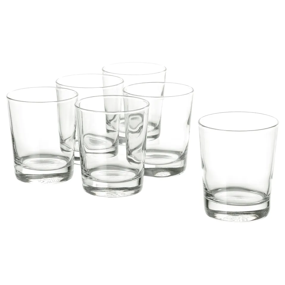 Six clear GODIS glasses in a group, clean and simple design, perfect for cold drinks and desserts.