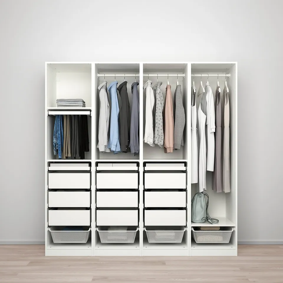 Minimalist wardrobe with adjustable shelves, hanging, and folded sections, including a pull-out trouser hanger.
