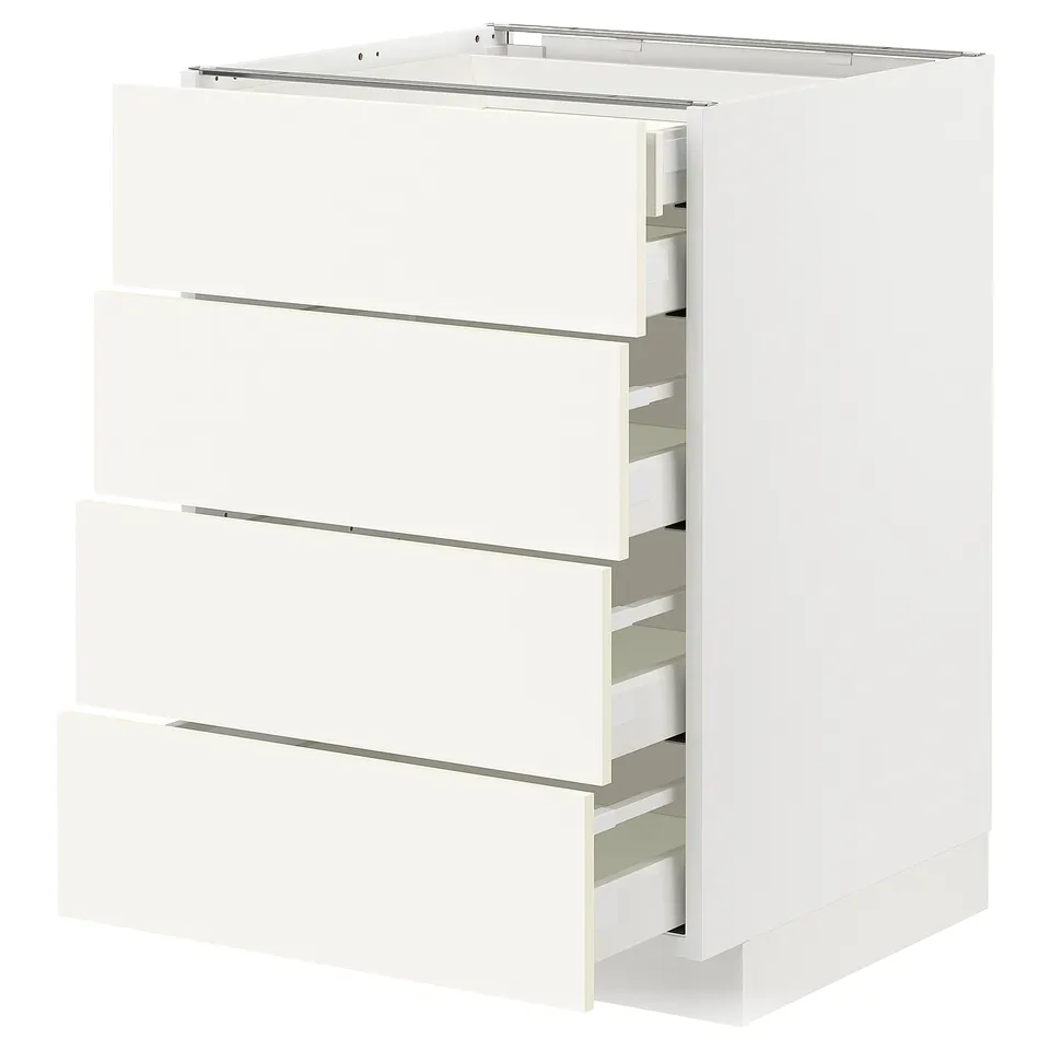 A white METOD kitchen cabinet with multiple drawers. It a modern, minimalist design ideal for contemporary kitchens.
