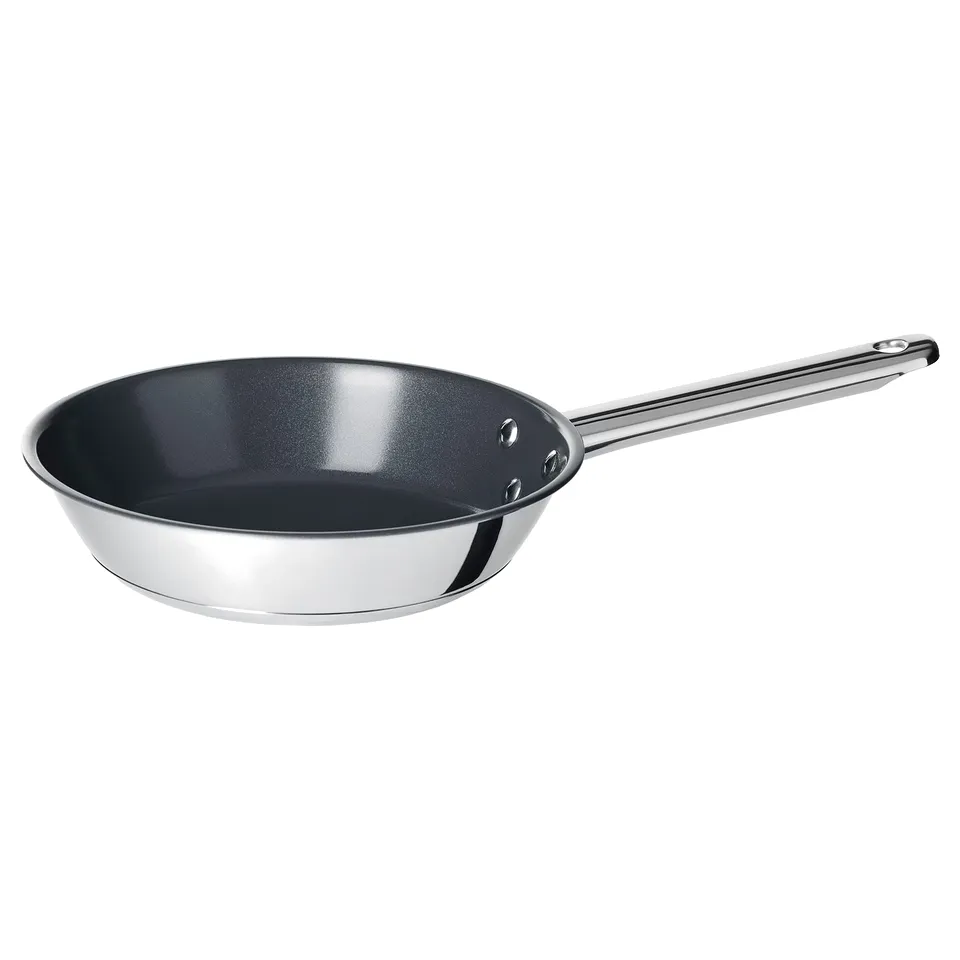 A silver IKEA 365+ frying pan with a dark, non-stick interior and a stainless steel handle.