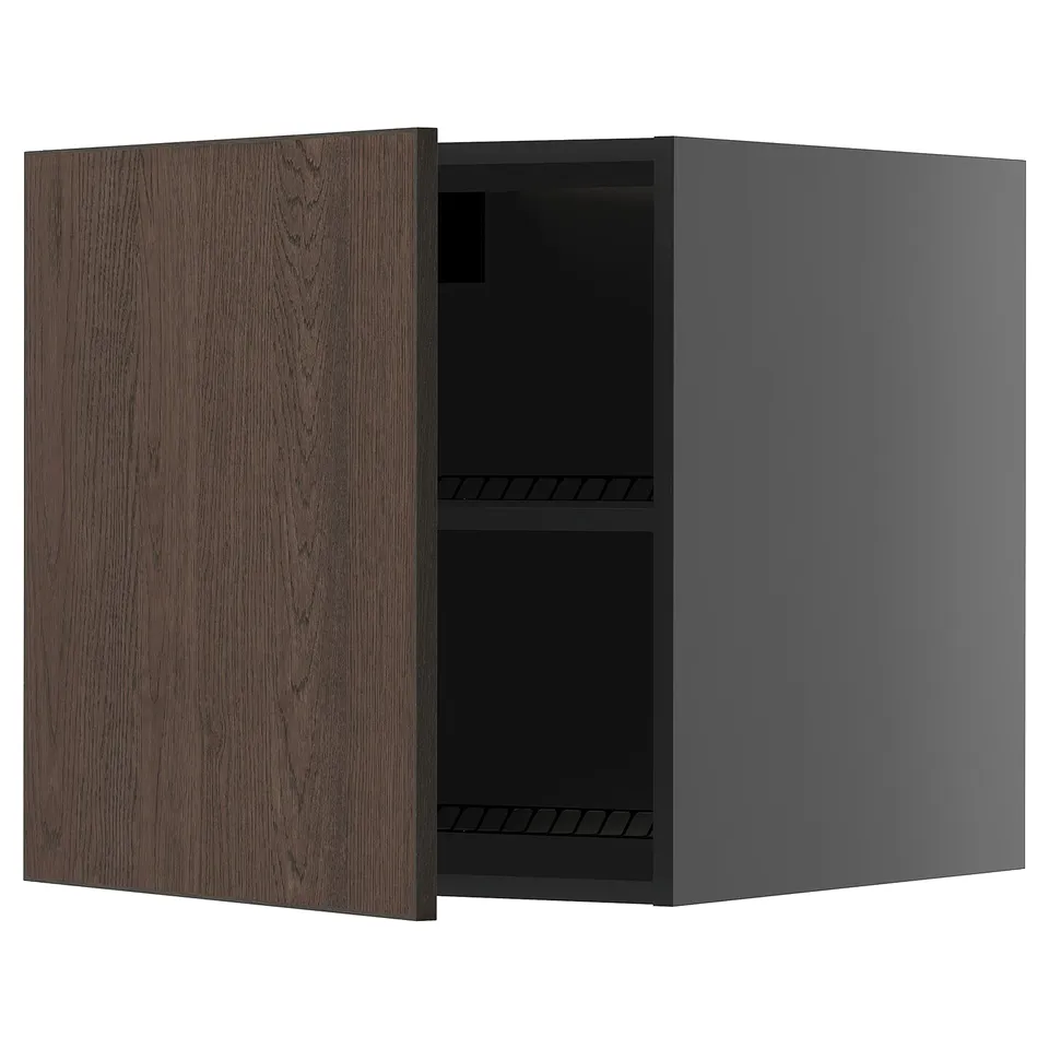 Dark wood-grain cabinet, 1-door with shelves. Grey frame, horizontal grain. Modern, adjustable.