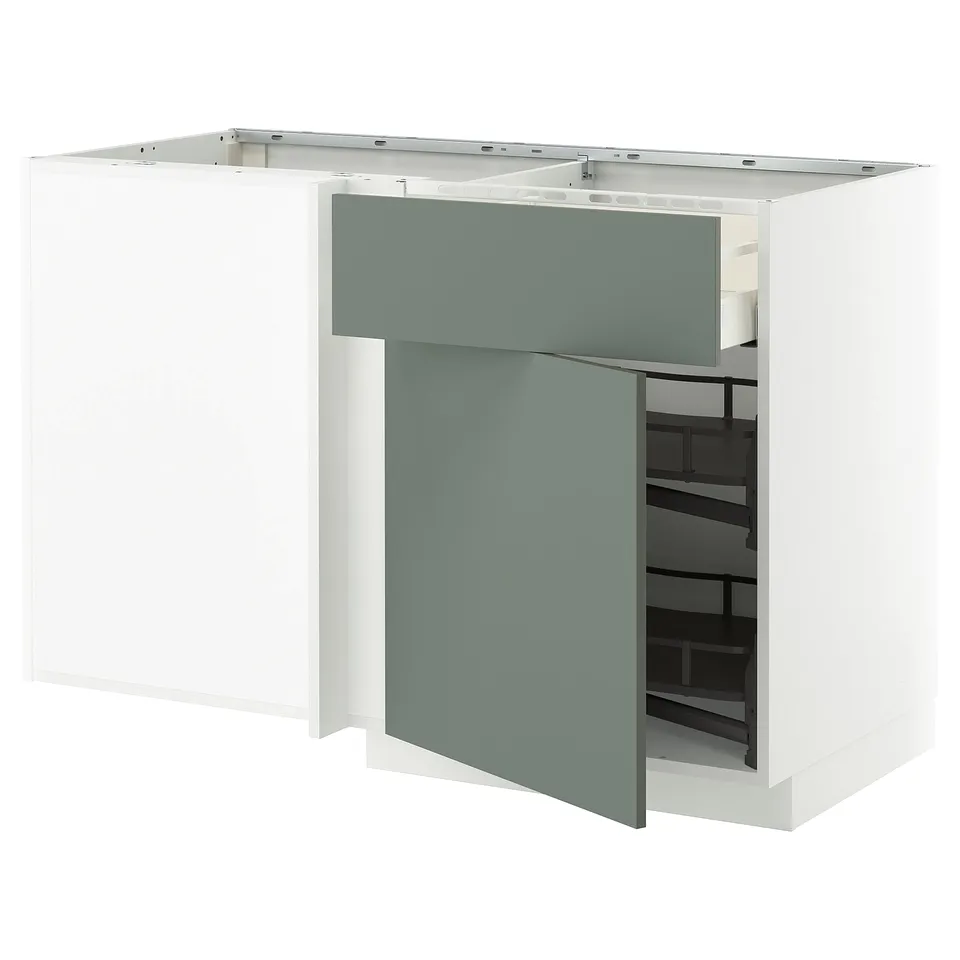 A modern white and green kitchen cabinet with a pull-out shelf.