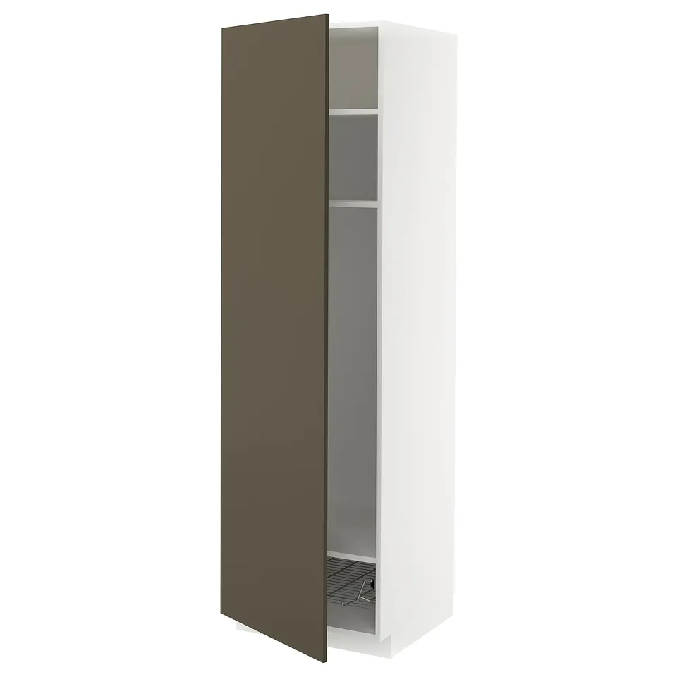White METOD kitchen cabinet with dark brown door, adjustable shelves.