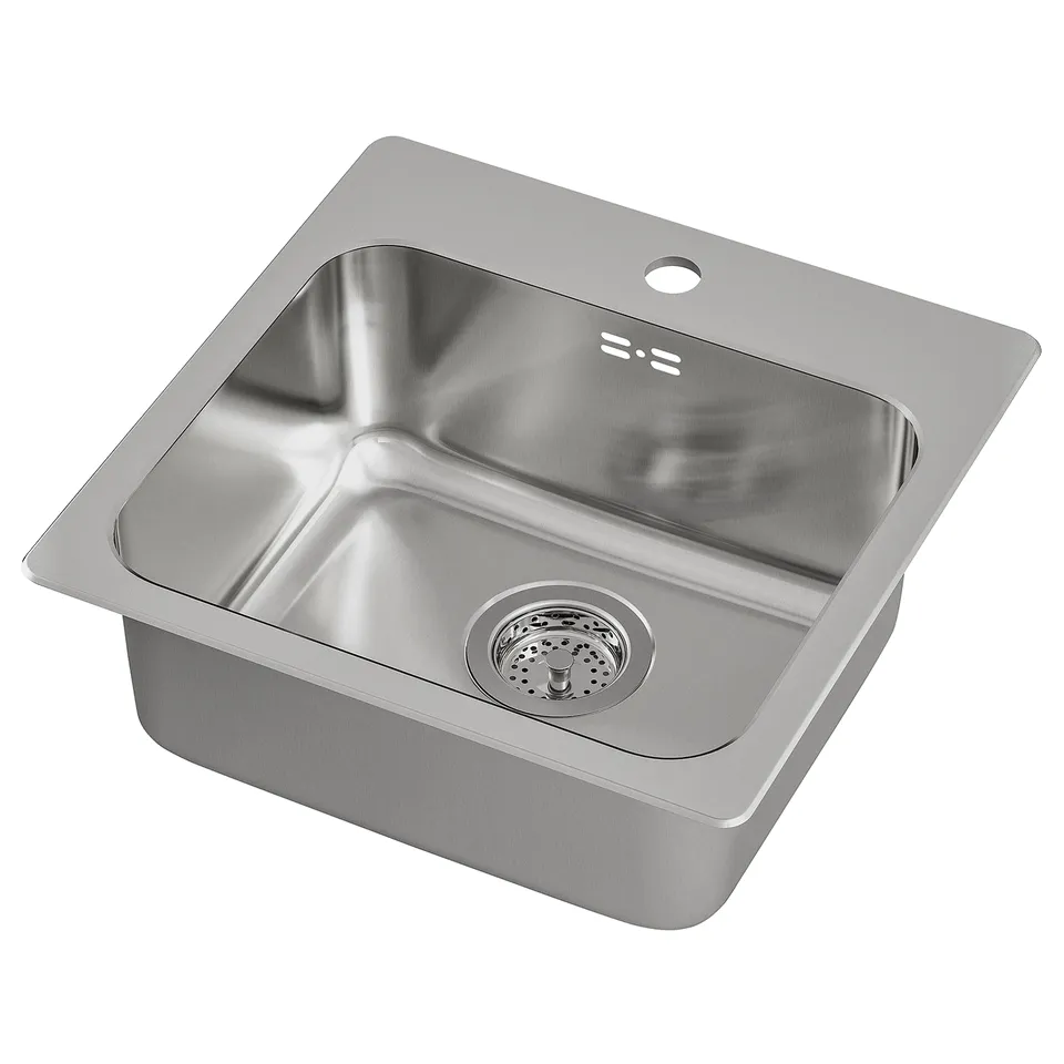 Ikea LÅNGUDDEN stainless steel sink, rectangular, single bowl, with drainer and faucet hole.