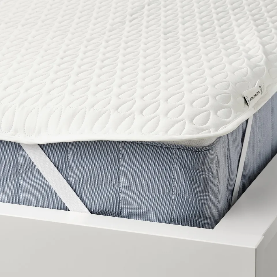 White quilted mattress protector, waterproof, stays in place.