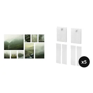 picture ×9 + adhesive hook ×10 set: picture, set of 9 + adhesive hook for frame ×5, Mist in the forest + white, 179x112 cm