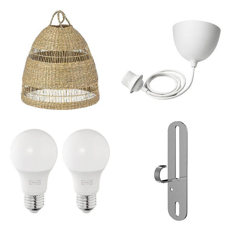 FÖRUT/HAVSDJUP/SOLHETTA/TORARED set: pendant lamp shade + cord set + LED bulb E27 470 lumen + pendant/ceiling lamp hook, sedge/handmade + white + globe opal white, 36 cm