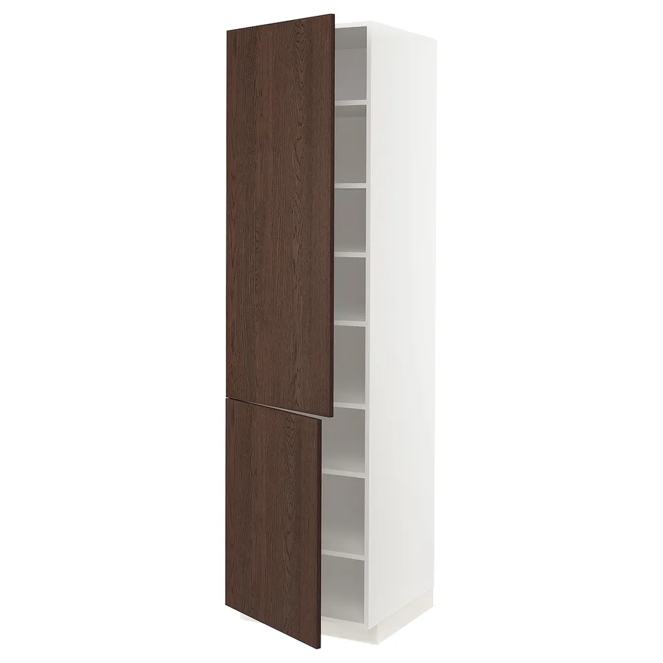 A tall white cabinet with dark brown wood doors, featuring a modern design.
