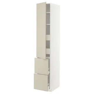 METOD / MAXIMERA hi cab w shlvs/4 drawers/dr/2 frnts, white/Havstorp beige, 40x60x220 cm