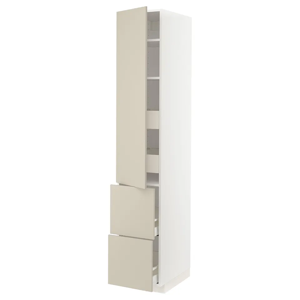 IKEAs METOD kitchen unit in beige with adjustable shelves and drawers.