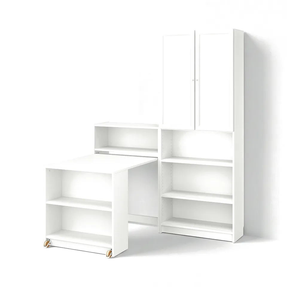 White BILLY storage combo, featuring foldable desk and mix of open, closed shelves.