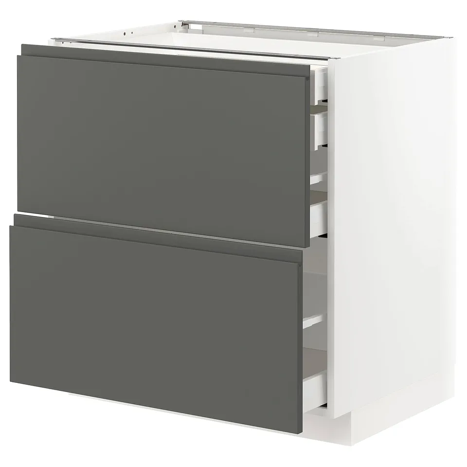 Grey and white kitchen unit, modern design, double drawers, integrated handles.