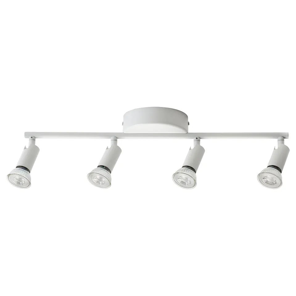 A KRUSNATE white ceiling track light with four adjustable spotlights. Modern and minimalist design, ideal for directing light where needed.