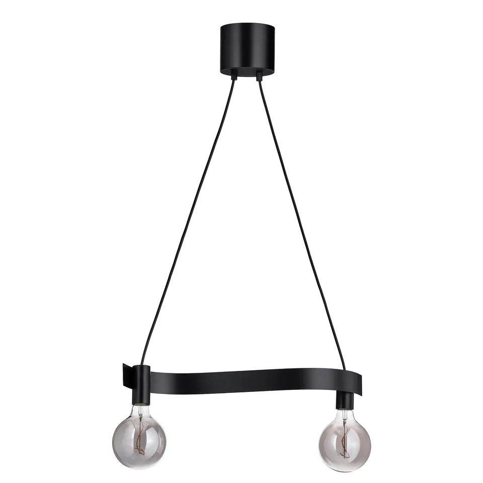 ACKJA black pendant lamp with 2 exposed bulbs, modern, wave-shaped design.