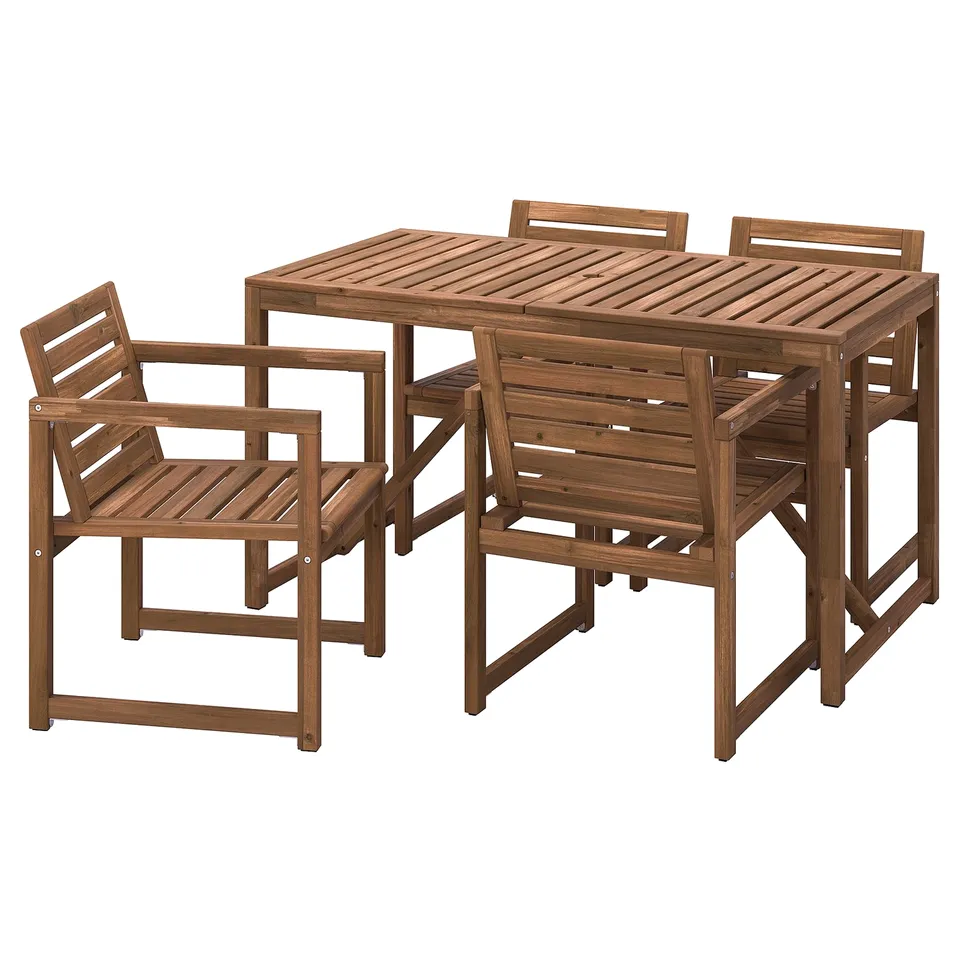 Brown acacia wood patio set with rectangular table & four matching chairs, designed for outdoor use.