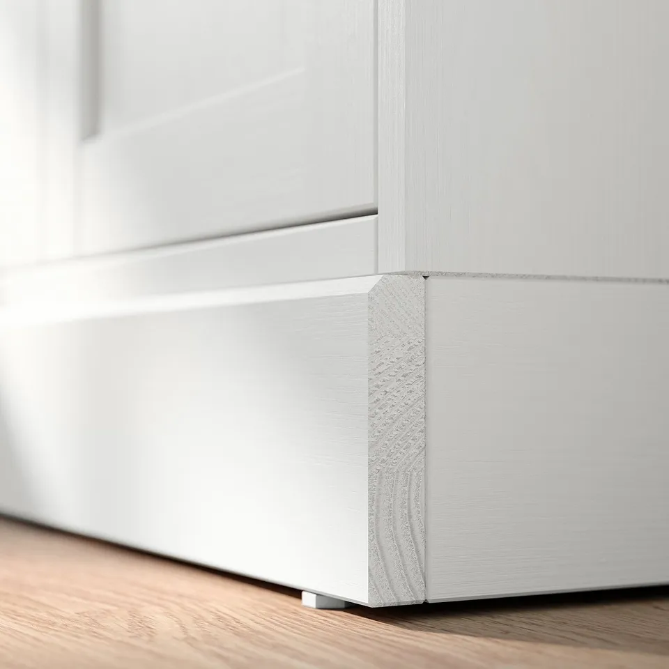 HAVSTA white wooden cabinet corner close-up. Rustic pine texture and brushed finish.