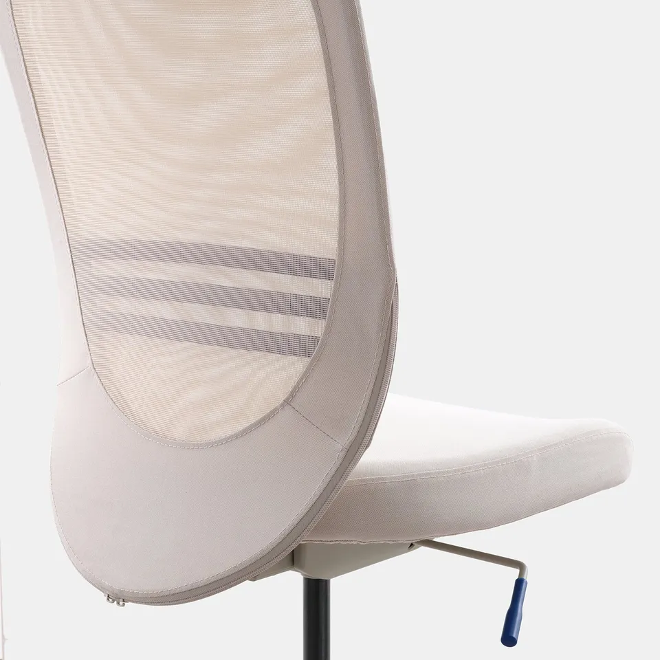 Ergonomic office chair with mesh back, curved for support, adjustable height, tilt lock, blue lever.