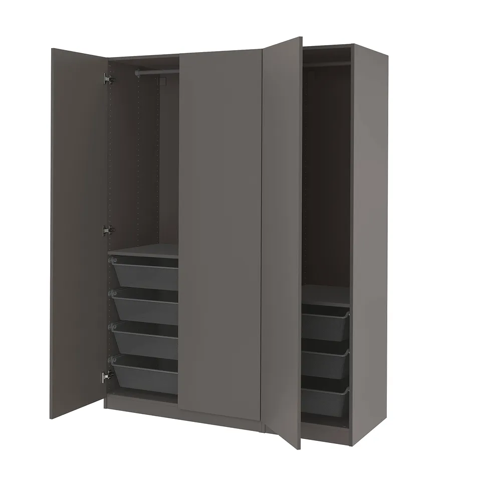 Modern grey PAX wardrobe with open doors, mesh drawers, and hanging rod.