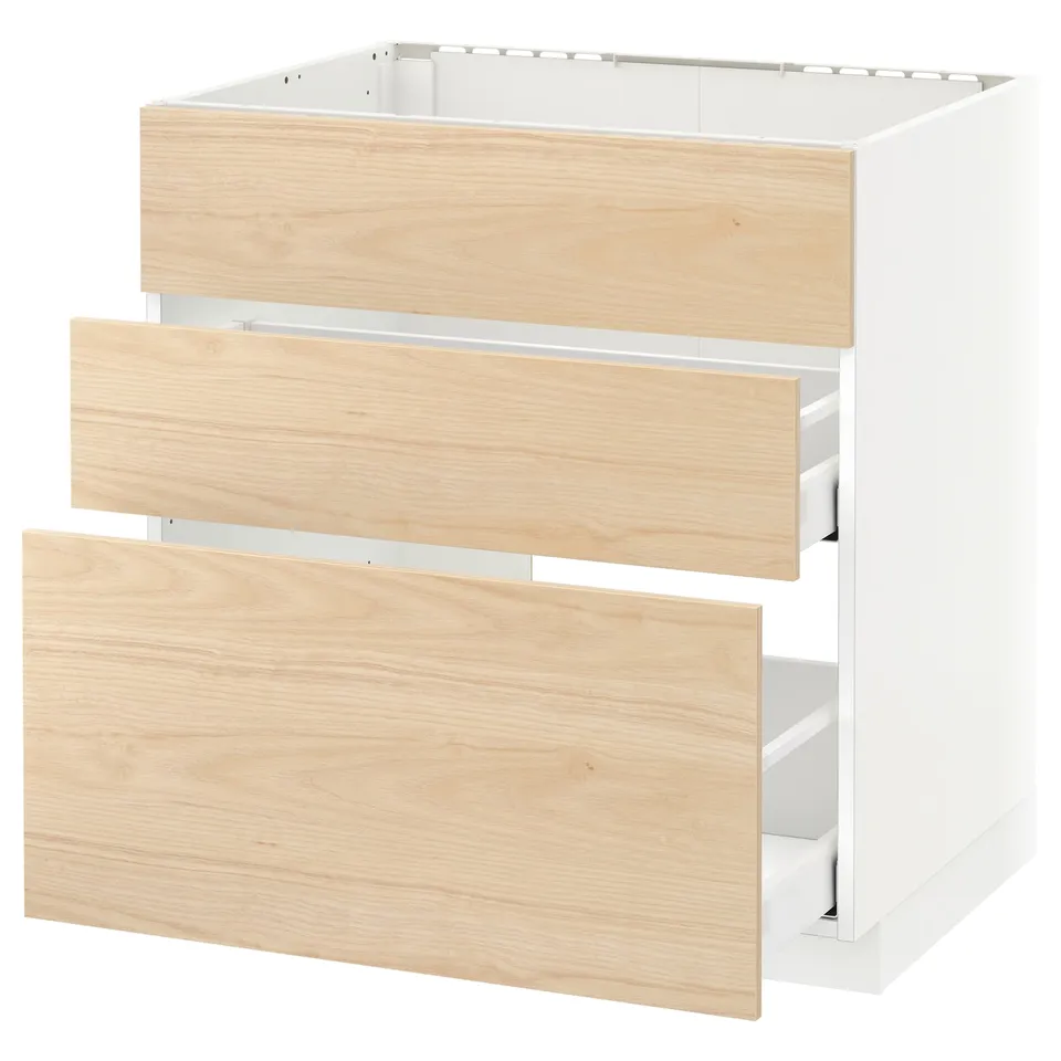 White METOD kitchen cabinet with light ash drawers, 3 drawers, modern edge design.
