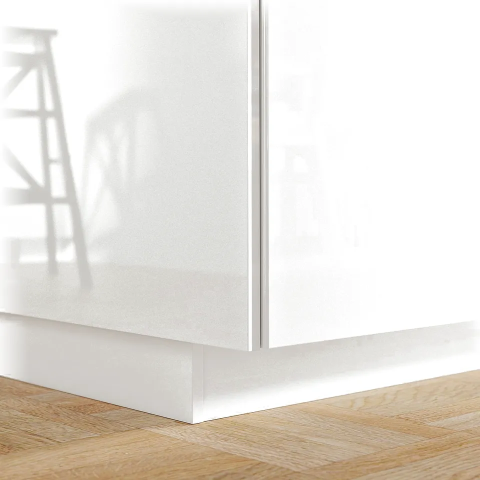 White glossy kitchen plinth against wooden floor.