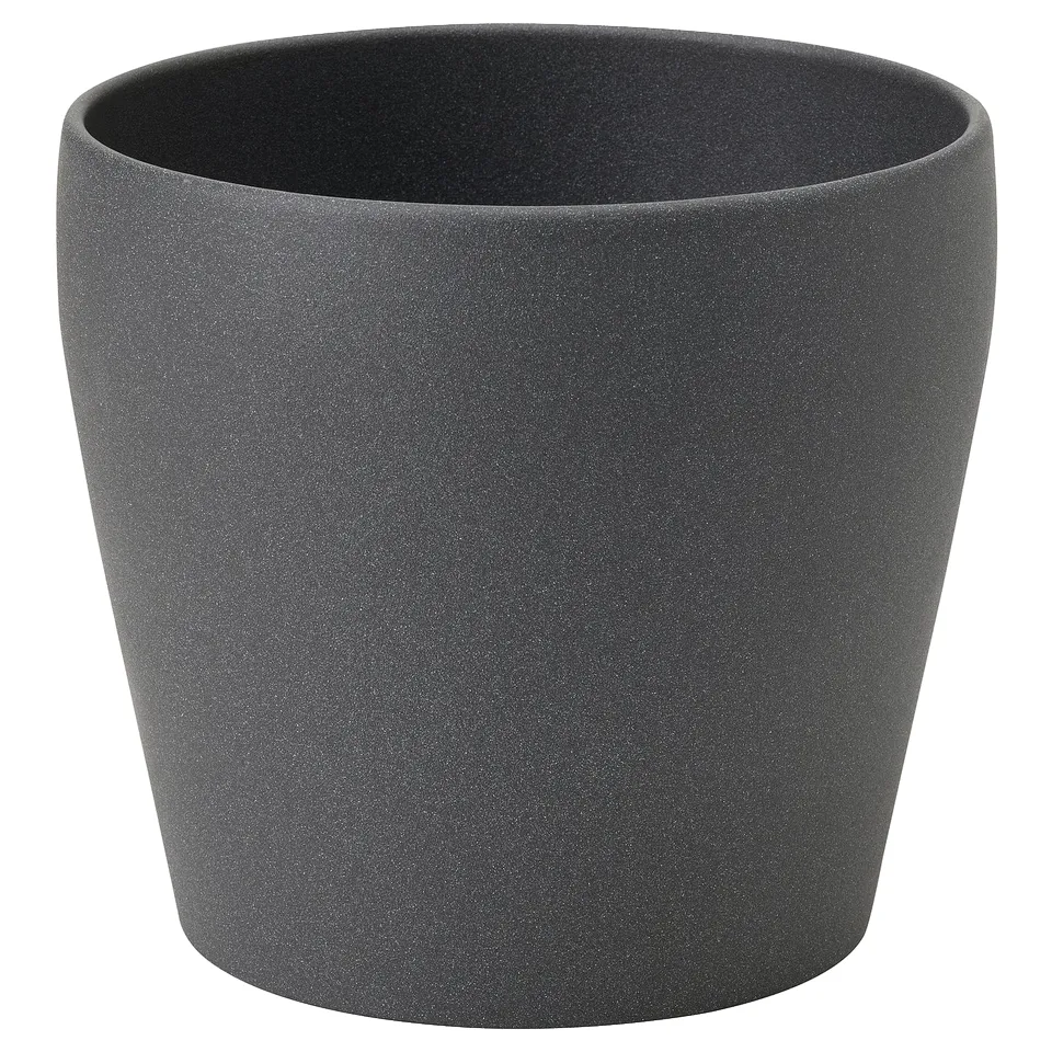 Dark grey, round, modern planter with smooth finish.
