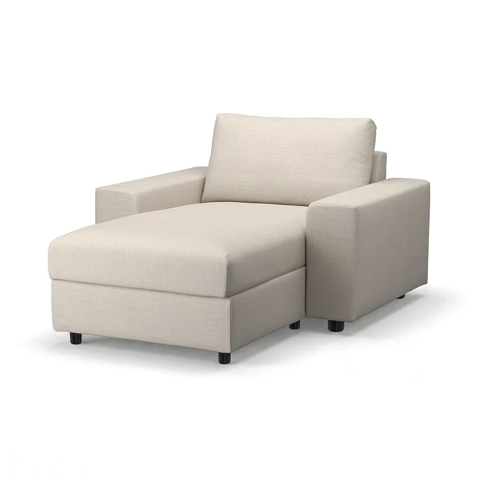 The VIMLE sofa is a beige, modular chaise with storage, made of fabric and wood, offering comfort and style.