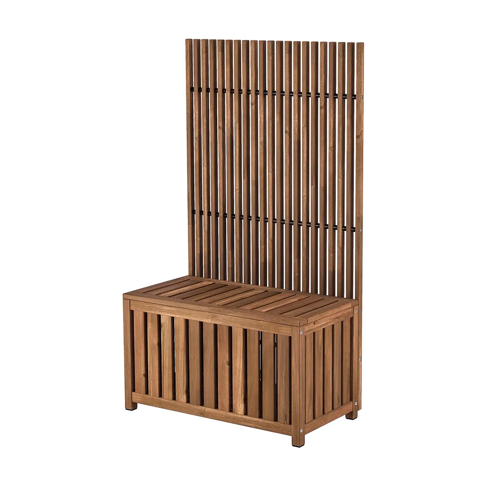 NÄMMARÖ brown outdoor furniture: bench with wooden back & lid seat, durable & weather-resistant acacia wood.