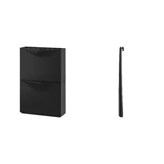 OMTÄNKSAM/TRONES set: shoe cabinet/storage + shoehorn, black + anthracite, 52x18x39 cm