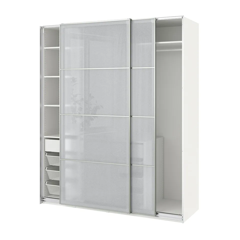 This image a white ikea PAX wardrobe with glass doors. It has shelves and drawers for storage.