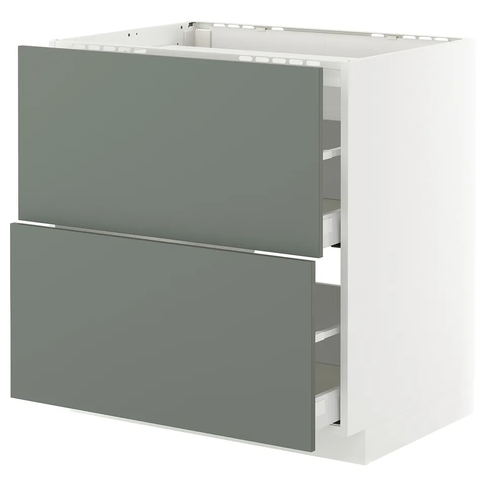 Greenish-grey modern kitchen cabinet with two drawers and a door.