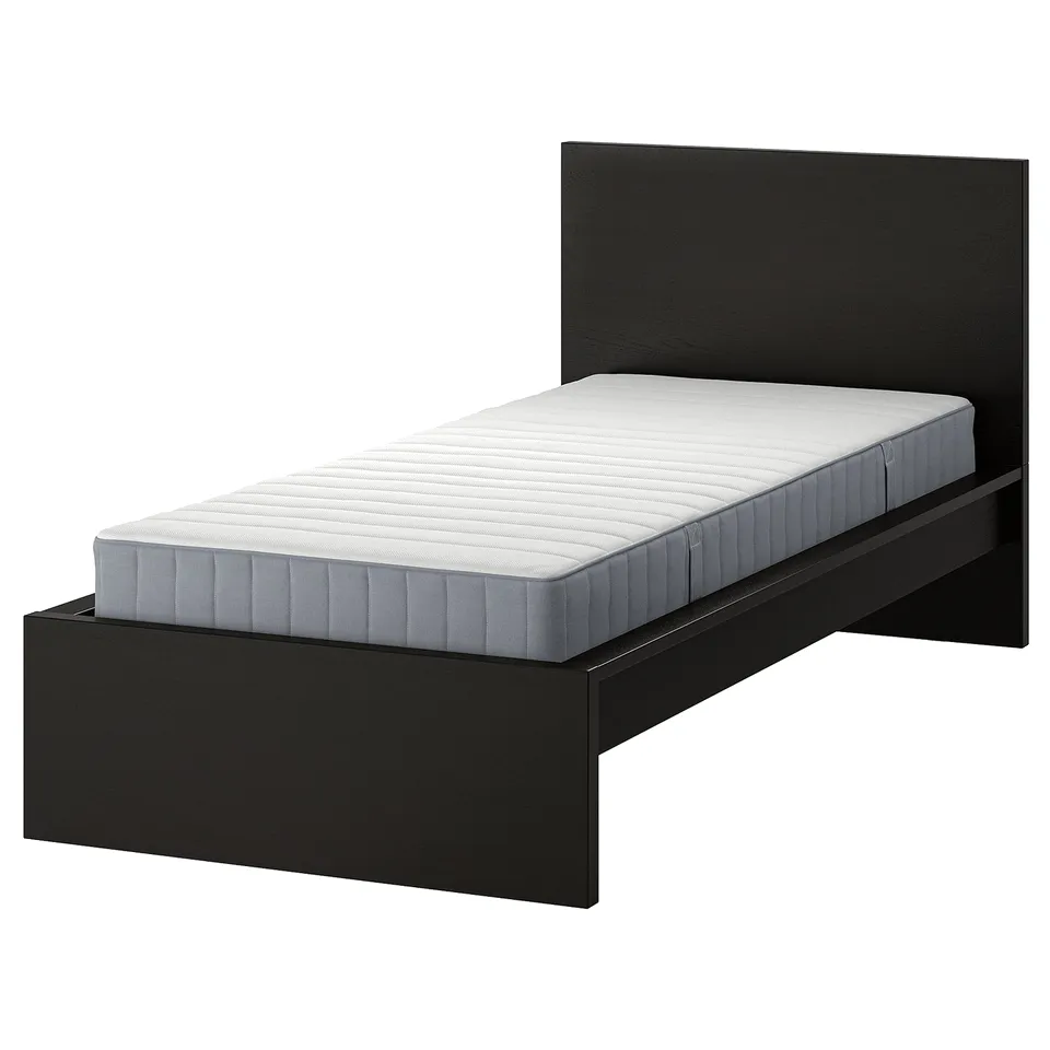 Black MALM single bed with a high headboard, sleek design, and white mattress.