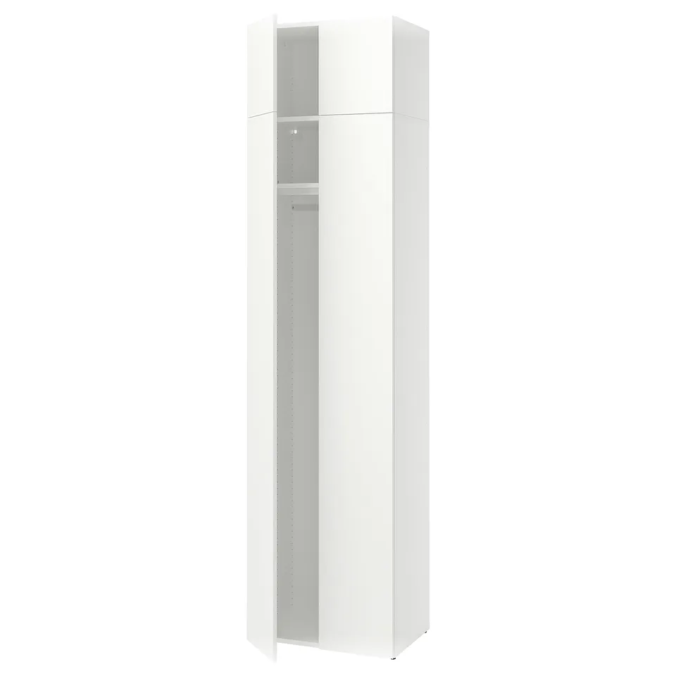A white LASTARE wardrobe with open doors, featuring a sleek design with adjustable feet.