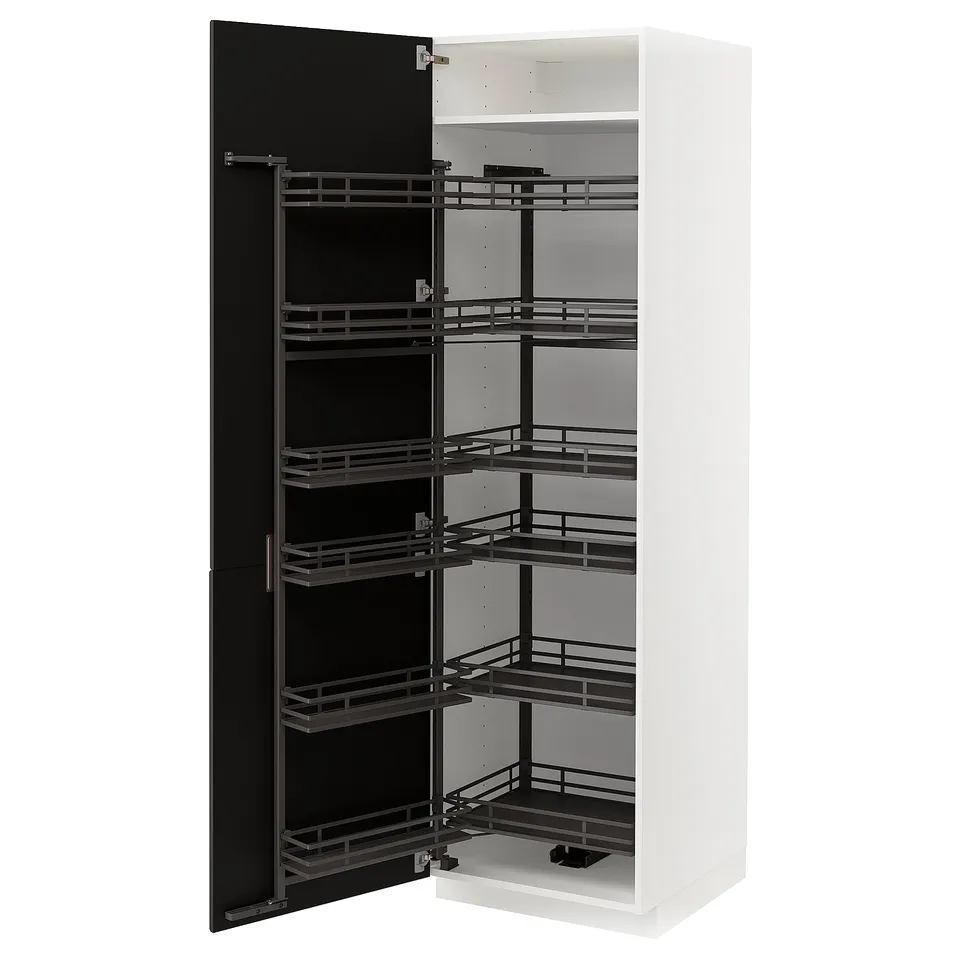 White kitchen cabinet with black pull-out shelves, sleek design, five adjustable racks.