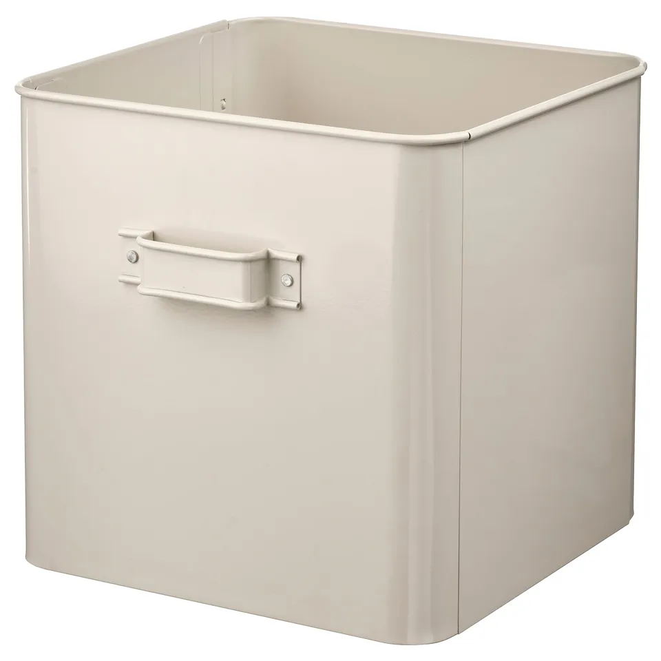 PLOGFÅRA storage box, white, sturdy, square, metal handle.