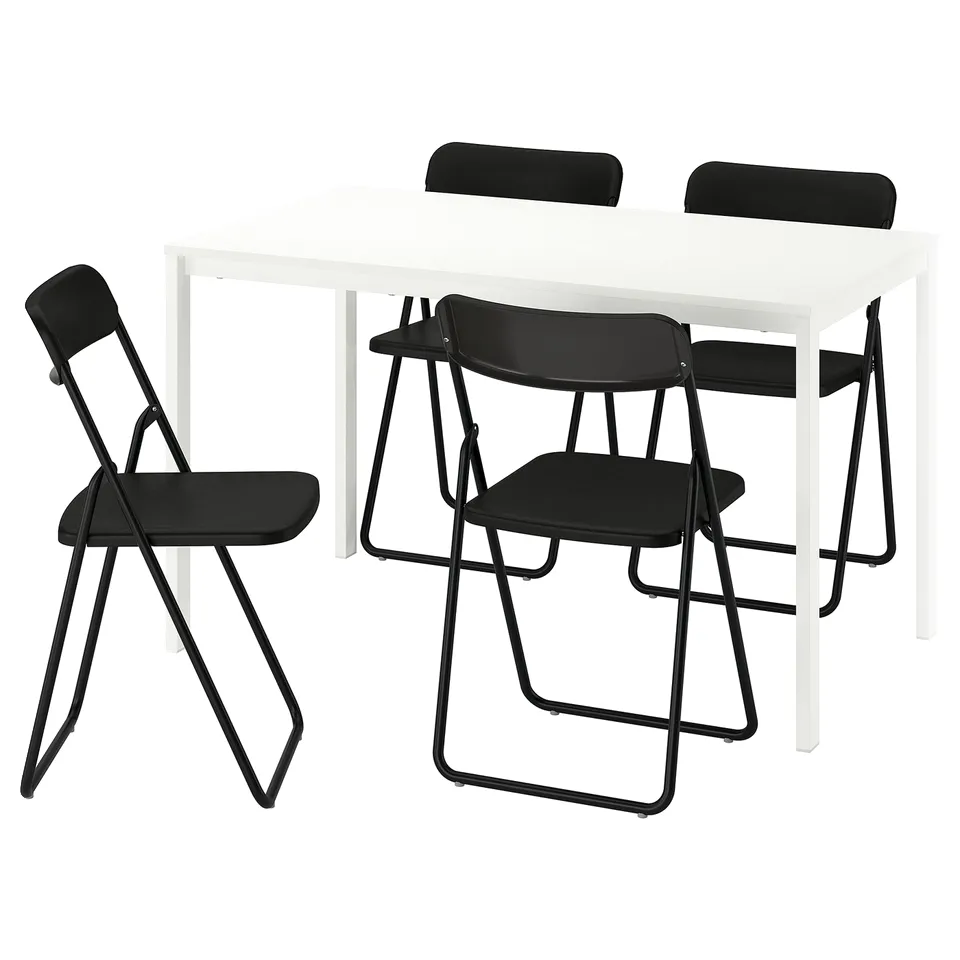 A VIHALS dining set featuring a white rectangular table with a melamine top and four black folding chairs with metal frames and plastic seats.