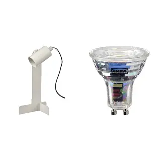 FLOTTILJ/SOLHETTA set: desk lamp + LED bulb GU10 345 lumen, beige + dimmable, Length 15 x Width 16 x Height 29 cm