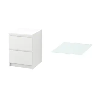 MALM set: chest of 2 drawers + glass top, white, 40x55 cm
