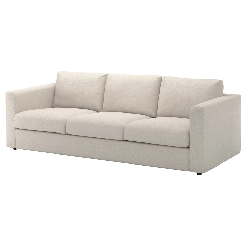 A VIMLE sofa in light beige with a modern, minimalist design. Its upholstered in gunnared fabric, offering a wool-like feel.