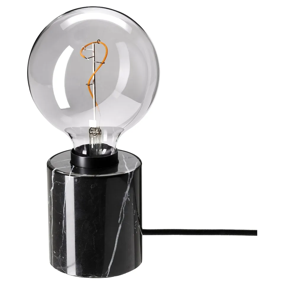MARKFROST lamp: black marble base, smoke glass bulb with spiral filament, elegant, stable, warm glow led bulb.