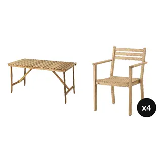 ASKHOLMEN set: table, outdoor + chair with armrests, outdoor x4, acacia, Length 143 x Width 75 x Height 73 cm