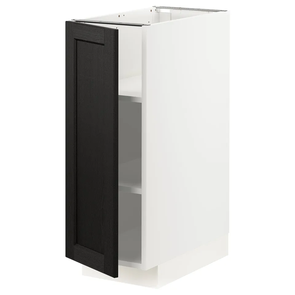 White METOD cabinet with black stained lerhyttan door, adjustable shelves, square shape with bevelled edges.