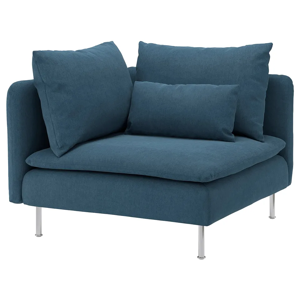 A SÖDERHAMN chair in blue with a modern design. It has a plush, soft touch and metallic legs.