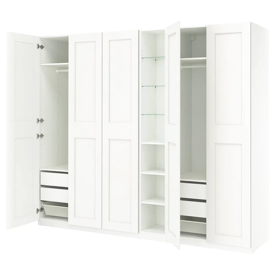 PAX / GRIMO Wardrobe combination, white white/white, 285x60x236 cm